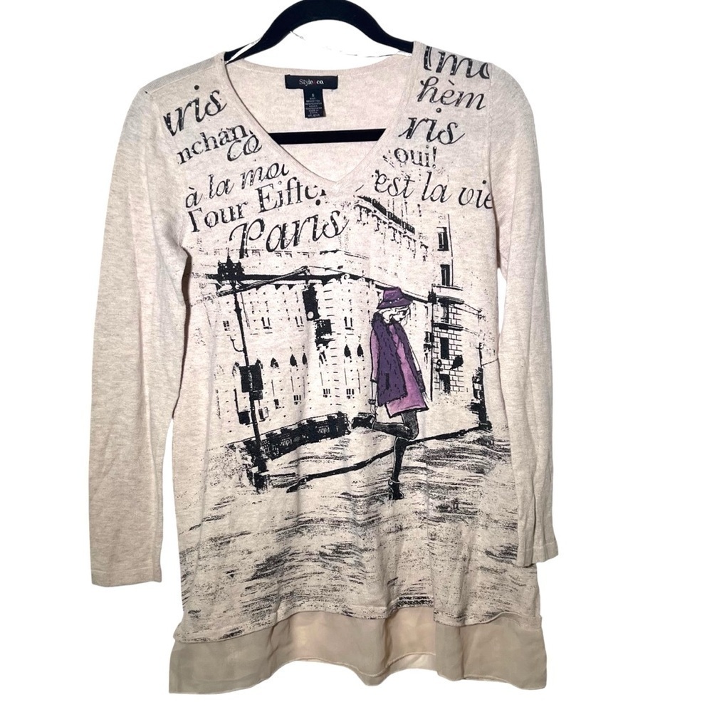 Style & Co Beige Paris Long Sleeve Graphic Tunic Sweater Small